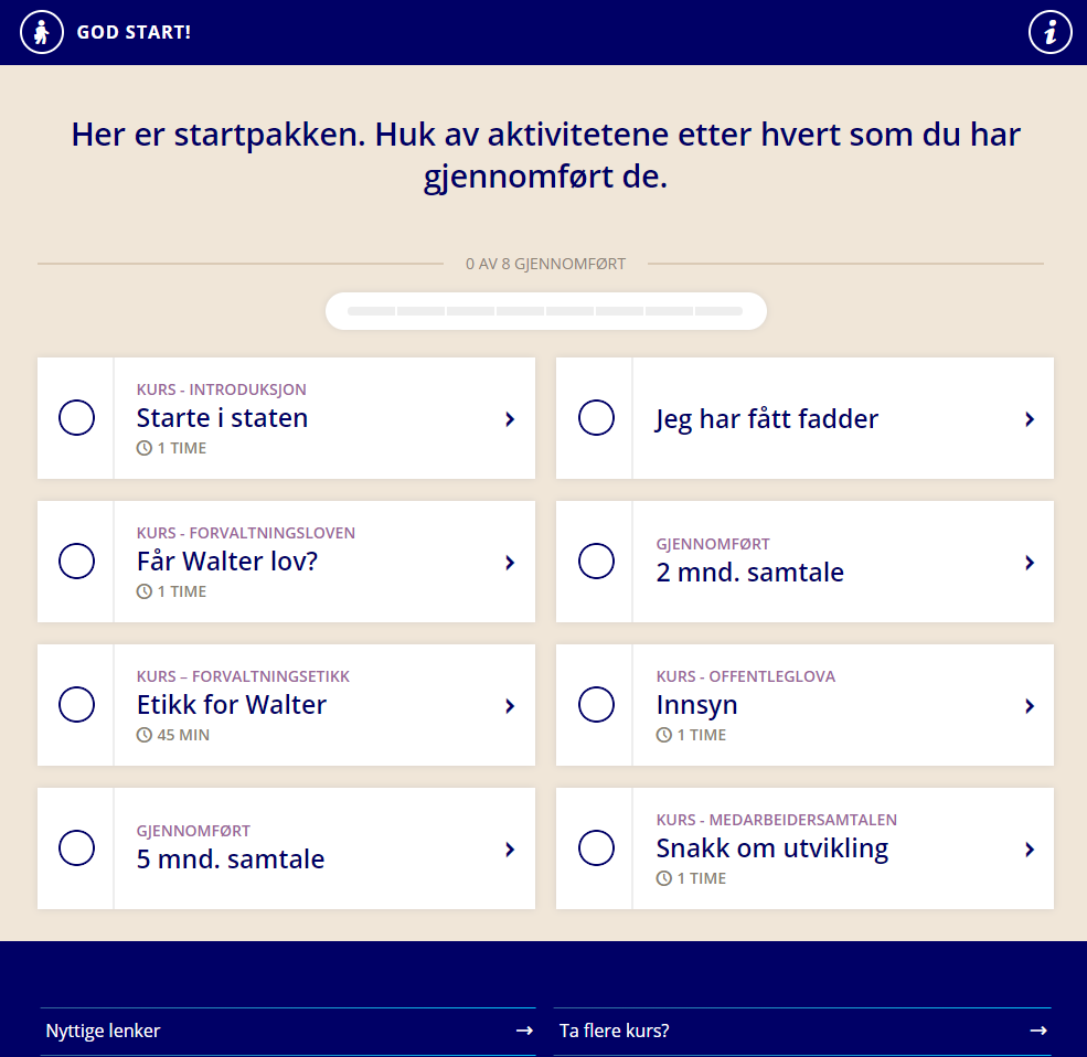 De ulike aktivitetene i startpakken er en blanding av ulike e-læringskurs og andre aktiviteter som å få fadder og gjennomføre samtaler med din leder
