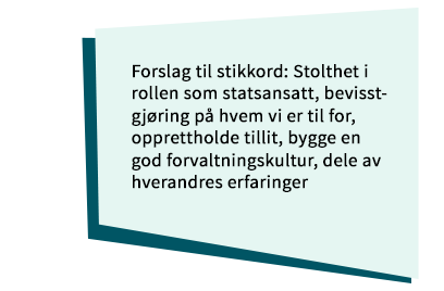 Notislapp med teksten: Forslag til stikkord: Stolthet i rollen som statsansatt, bevisstgjøring på hvem vi er til for, opprettholde tillit, bygge en god forvaltningskultur, dele av hverandres erfaringer. 